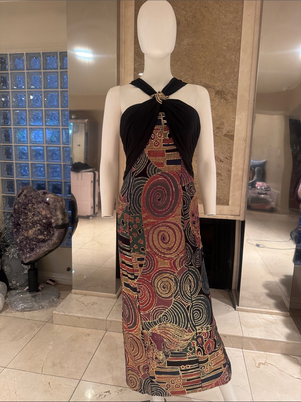 Cache Vintage Made in Italy Rhinestone Brooch Halter Gustav Klimt Maxi Dress